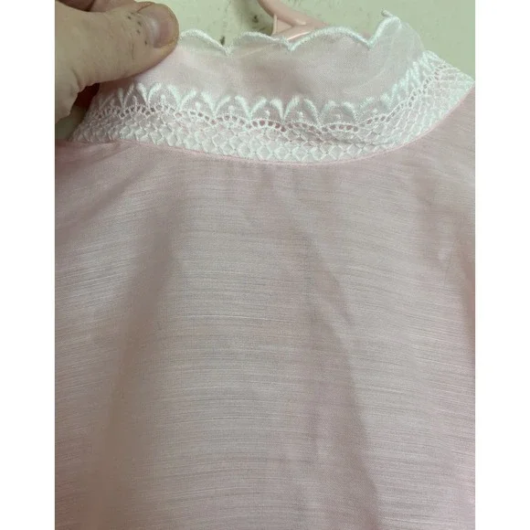 Vintage 70s Handmade Maxi Dress Baby Pink Lace Cottagecore Puff S M High Neck